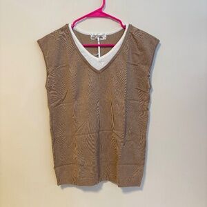 Grace Karin Layered V Neck Sleeveless Sweater Top Shirt Tan Light Brown Size M